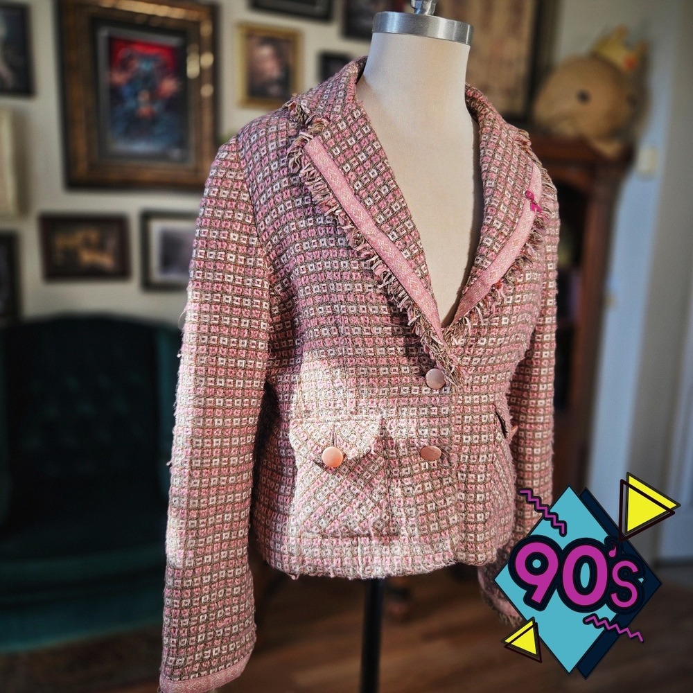 Ilyse Hart Ltd Pink Blazer Tweed Vintage 90s Fringe Trim Cropped Button Front M